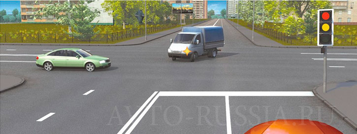 При включении зеленого сигнала светофора Вы должны уступить дорогу:
