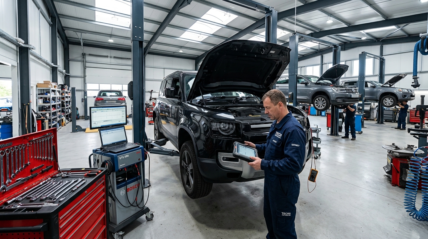 Автосервис Land Rover: внедорожник на подъемнике, механик с планшетом у открытого капота. Современный цех с оборудованием.