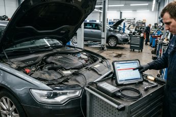 Диагност подключает сканер VAS 6150 к разъему OBD2 двигателя Audi A6 TFSI и анализирует параметры в программе ODIS Service в профильном автосервисе.
