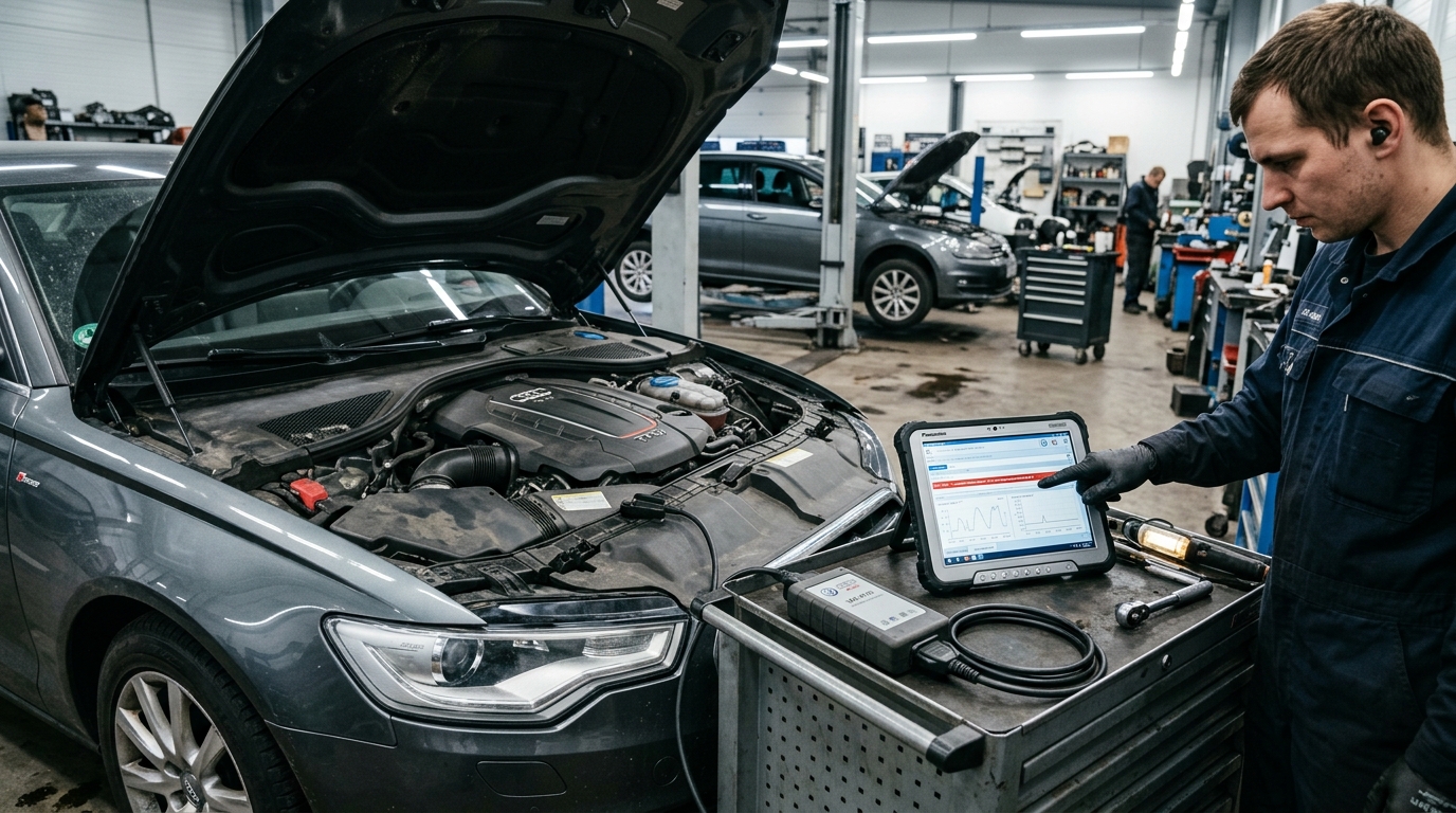 Диагност подключает сканер VAS 6150 к разъему OBD2 двигателя Audi A6 TFSI и анализирует параметры в программе ODIS Service в профильном автосервисе.