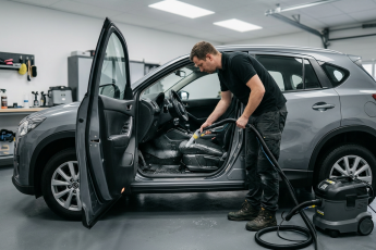 Специалист очищает тканевое водительское сиденье автомобиля экстрактором в боксе детейлинг-центра.