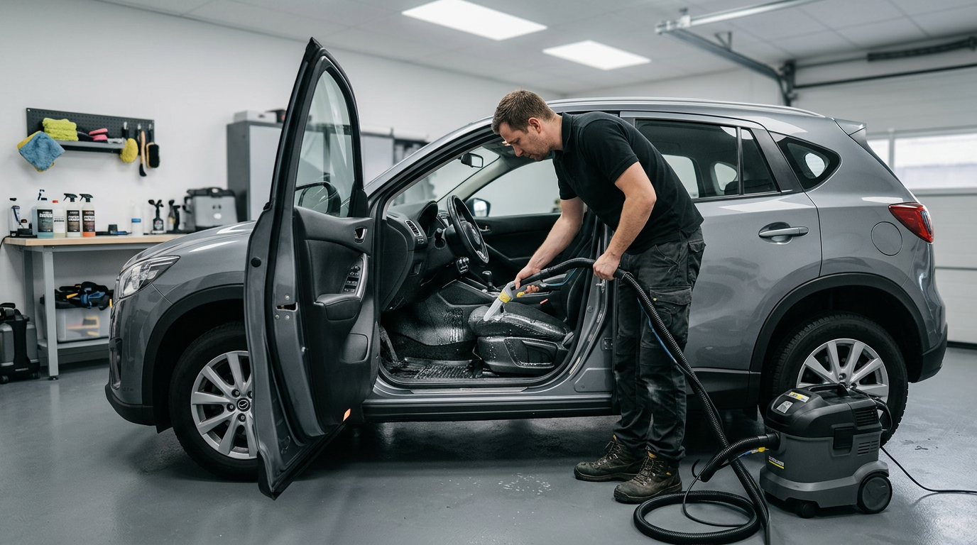 Специалист очищает тканевое водительское сиденье автомобиля экстрактором в боксе детейлинг-центра.