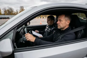 Мужчина за рулём спортивного автомобиля на автодроме рядом с инструктором во время занятия по экстремальному вождению.