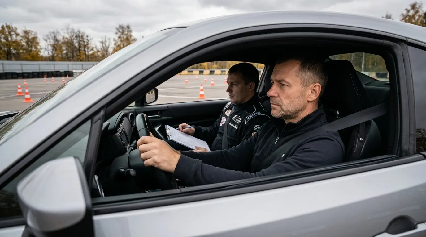 Мужчина за рулём спортивного автомобиля на автодроме рядом с инструктором во время занятия по экстремальному вождению.