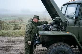 Военный водитель проверяет двигатель армейского грузовика перед выездом.