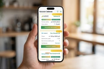 Смартфон в руке с открытым каталогом микрофинансовых организаций — карточки займов в бело-зелёно-золотой цветовой гамме